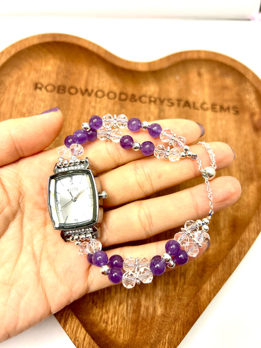 Beaded Natural Crystal Strap Watches-Amethyst