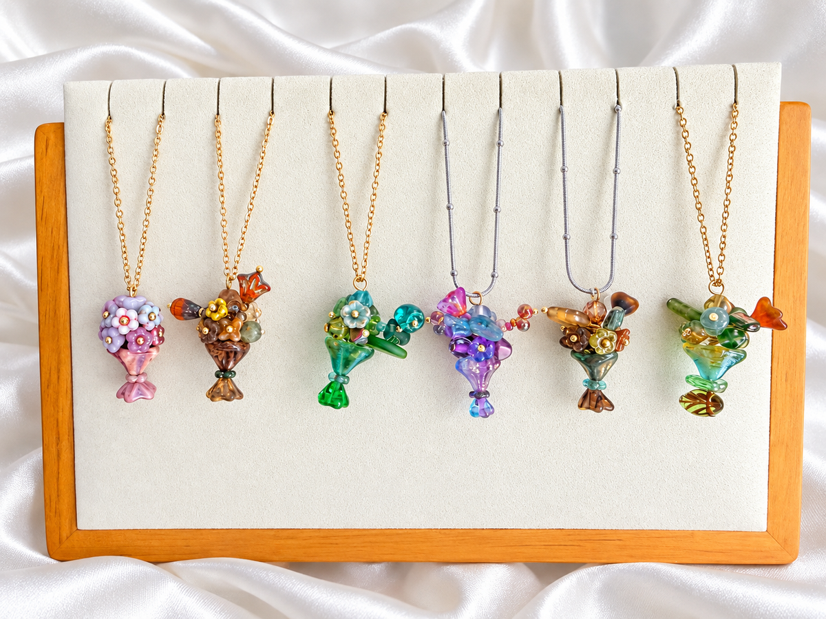 Czech Glass Bouquet Pendant Necklace – Handmade Floral Glass Necklace