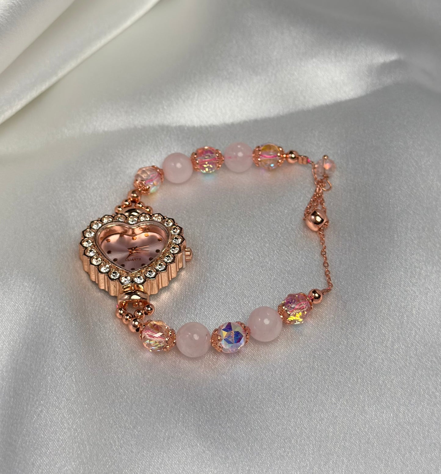 Beaded Natural Crystal Strap Watches-Rose Quartz