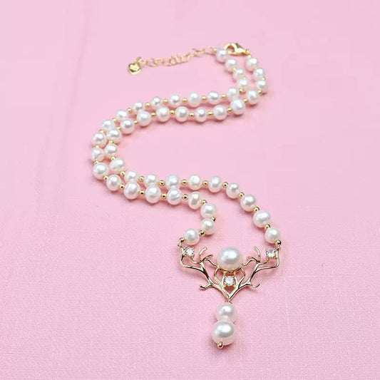 Elegant Natural Freshwater Pearl Necklace Gift for Her - Deer Head
