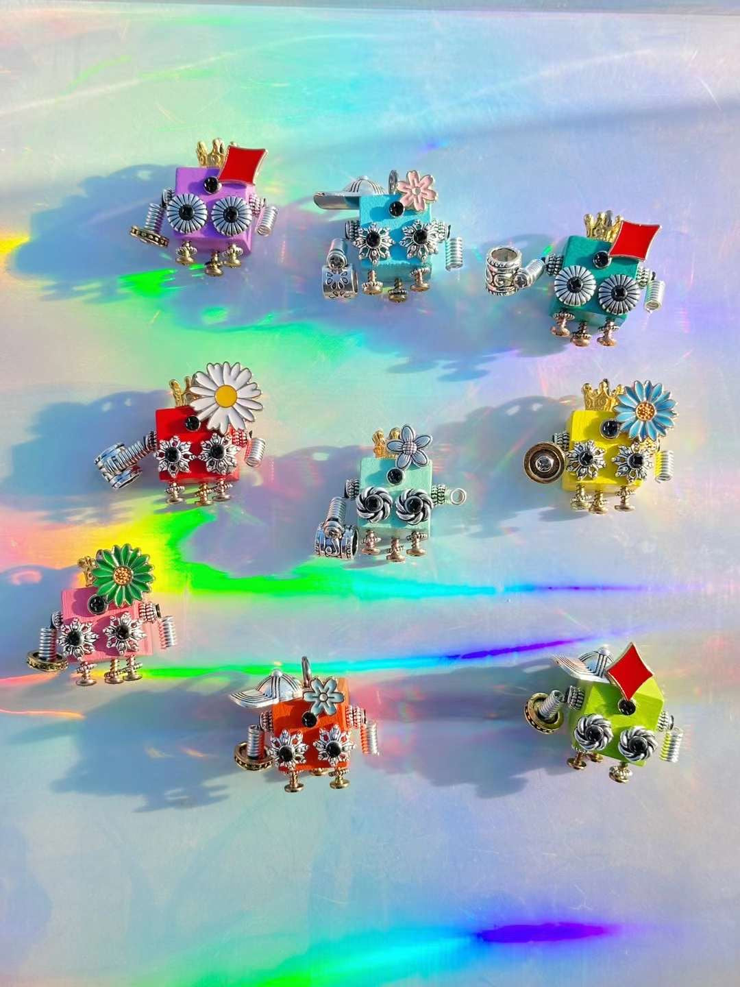 Handmade Mini Robot Pendant/Charms – Colourful Flower Crown Series | Necklace, Keyring, Creative Gift