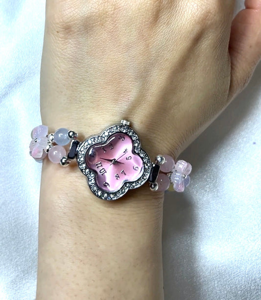 Beaded Natural Crystal Strap Watches-Morganite & Amethyst