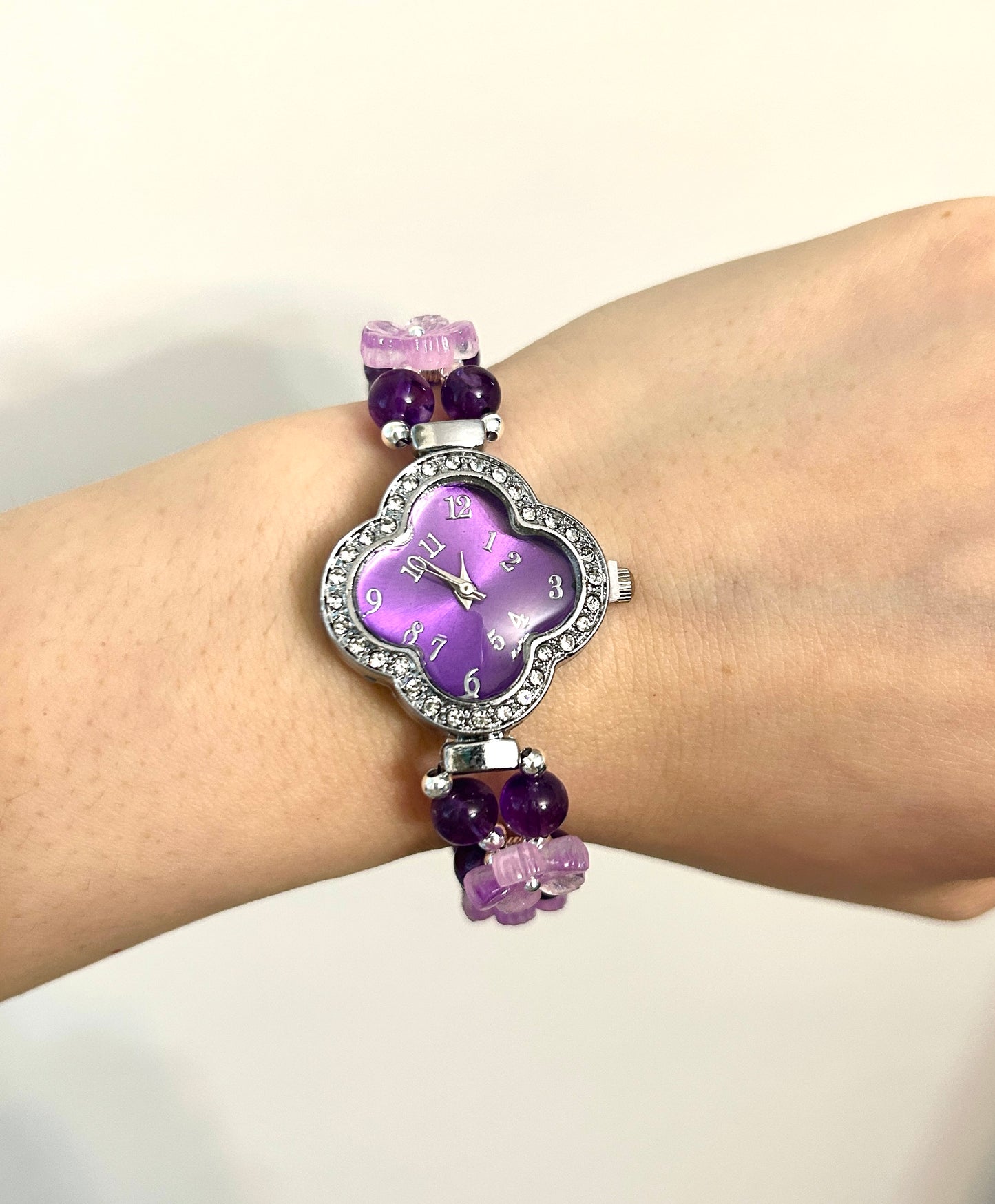 Beaded Natural Crystal Strap Watches-Morganite & Amethyst