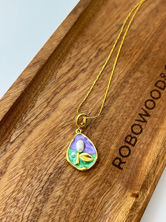Enamel Natural Pearl Pendant | Gold Stainless Steel Necklace