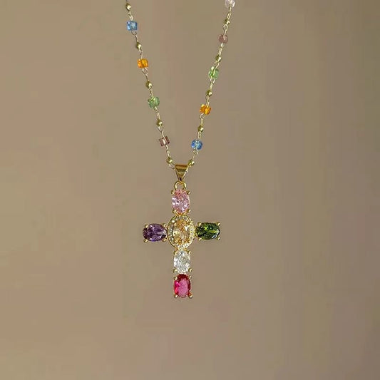 Colourful Zirconia Cross Necklace – Rainbow Crystal Charm | Gold-Tone Chain