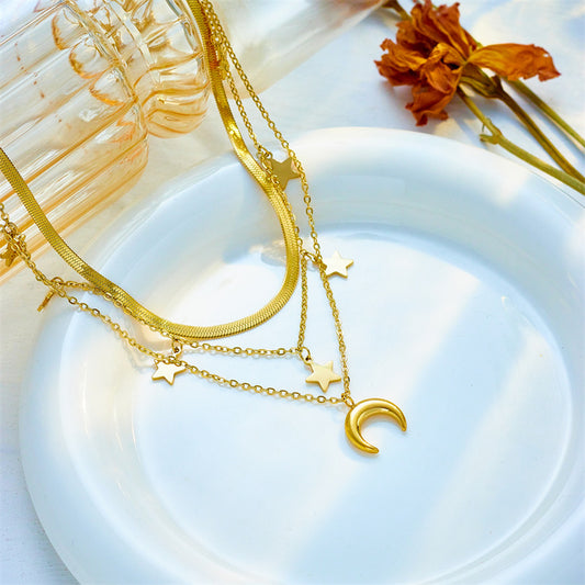 Layered Moon & Stars Necklace – Gold-Plated Stainless Steel | Celestial Jewellery