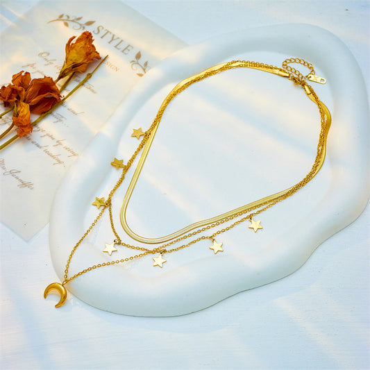 Layered Moon & Stars Necklace – Gold-Plated Stainless Steel | Celestial Jewellery