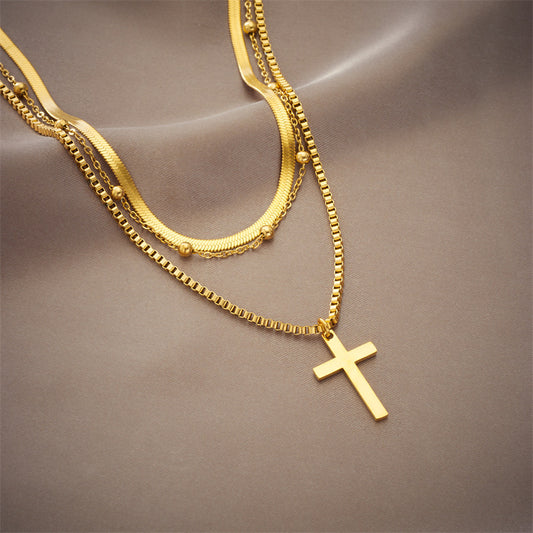 Layered Gold Cross Necklace | Minimalist Multi-Strand Jewellery