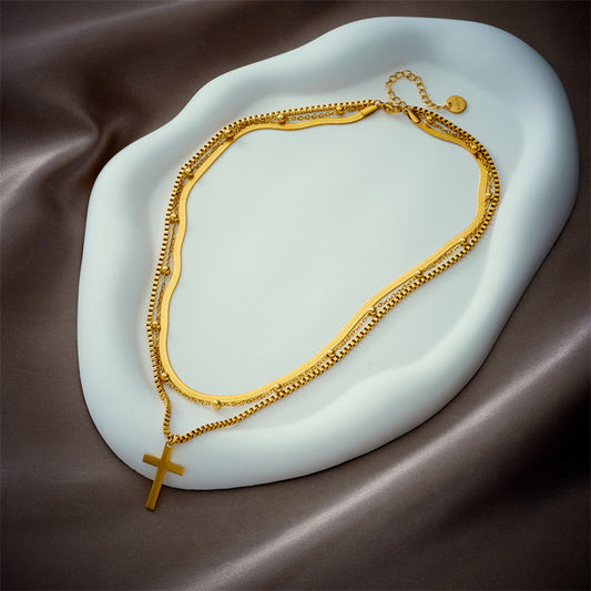 Layered Gold Cross Necklace | Minimalist Multi-Strand Jewellery