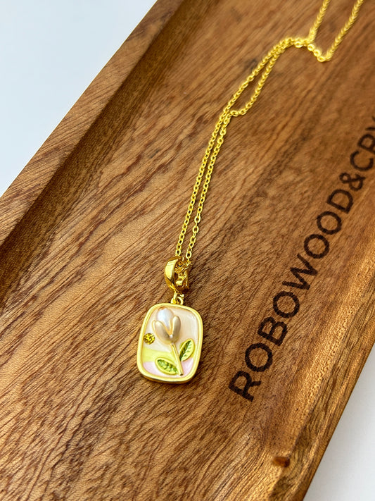 Enamel Natural Pearl Pendant | Gold Stainless Steel Necklace