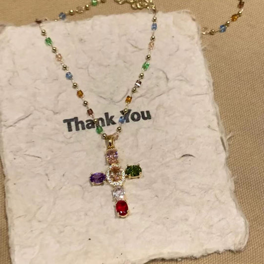 Colourful Zirconia Cross Necklace – Rainbow Crystal Charm | Gold-Tone Chain