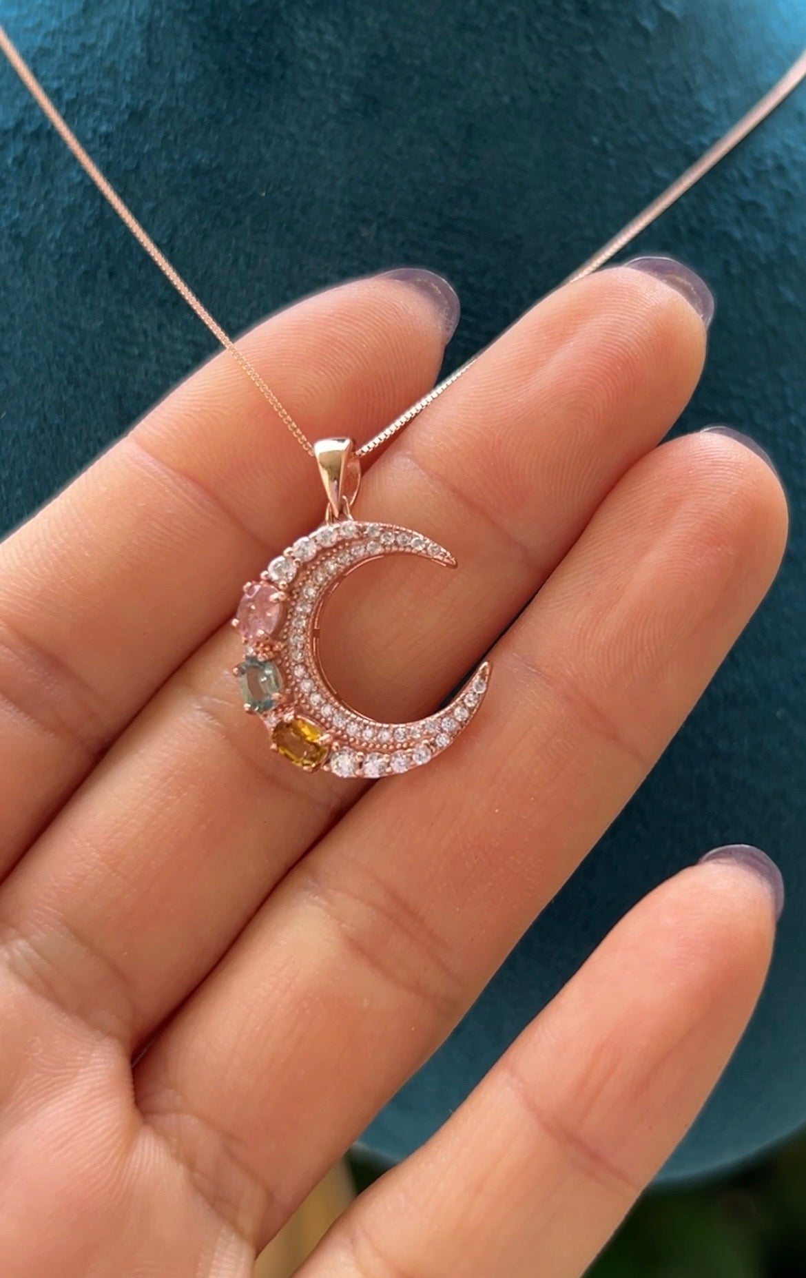 Sterling Silver Rose Gold Plated Crescent Pendant Necklace