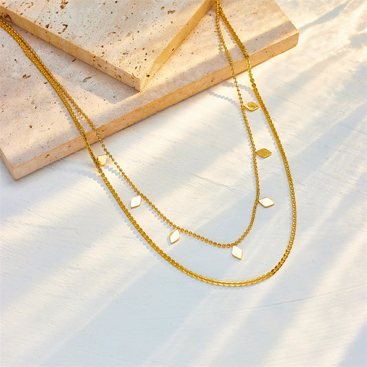Layered Gold Necklace – Minimalist Leaf Charms | Elegant Double Chain Design