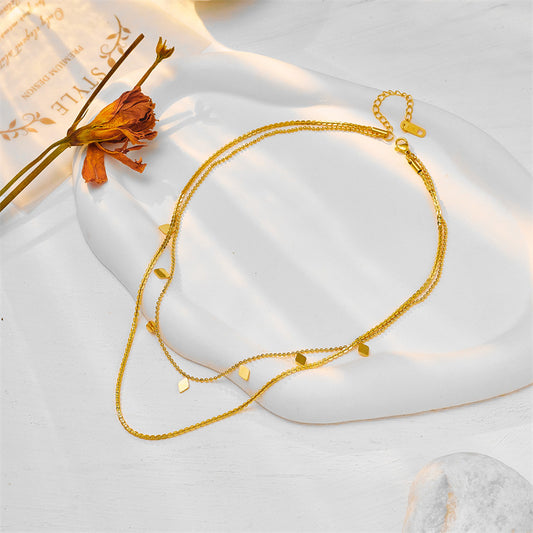 Layered Gold Necklace – Minimalist Leaf Charms | Elegant Double Chain Design