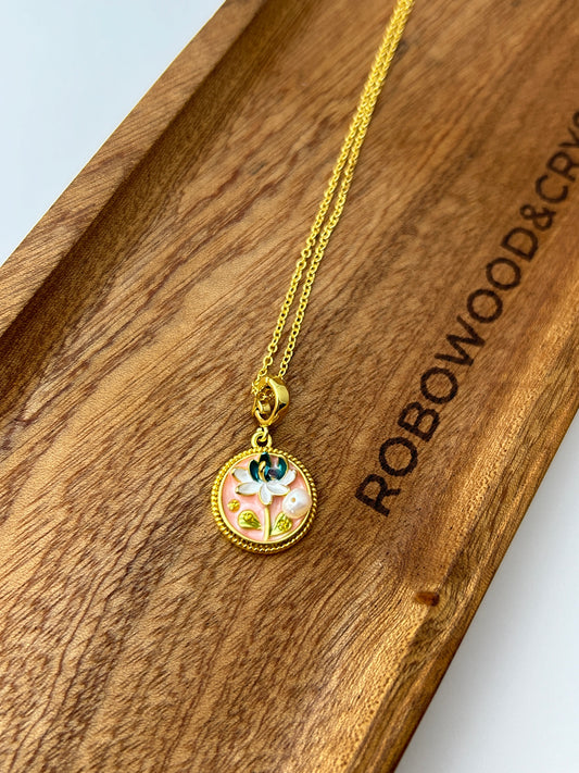 Enamel Natural Pearl Pendant | Gold Stainless Steel Necklace