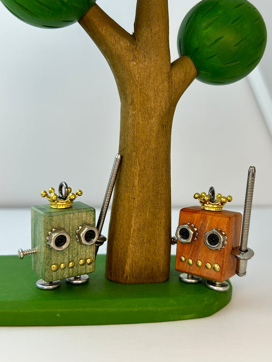 Handmade Mini Robot Pendant/Charms – Steampunk Crown & Sword Design | Necklace, Keyring, Creative Gift