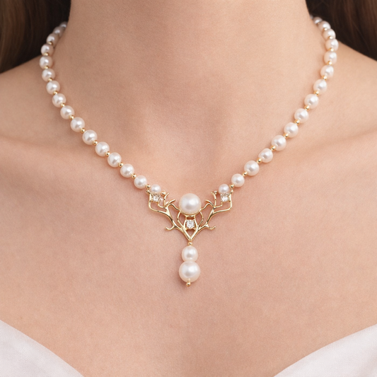 Elegant Natural Freshwater Pearl Necklace Gift for Her - Deer Head