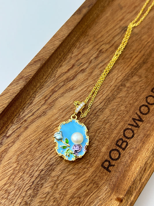 Enamel Natural Pearl Pendant | Gold Stainless Steel Necklace