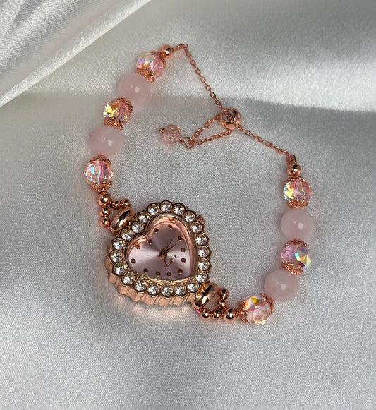 Beaded Natural Crystal Strap Watches-Rose Quartz