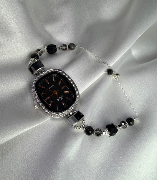 Beaded Natural Crystal Strap Watches-Obsidian