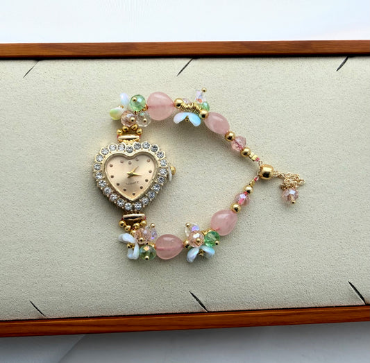 Beaded Natural Crystal Strap Watches-Rose Quartz and Floral Accessories