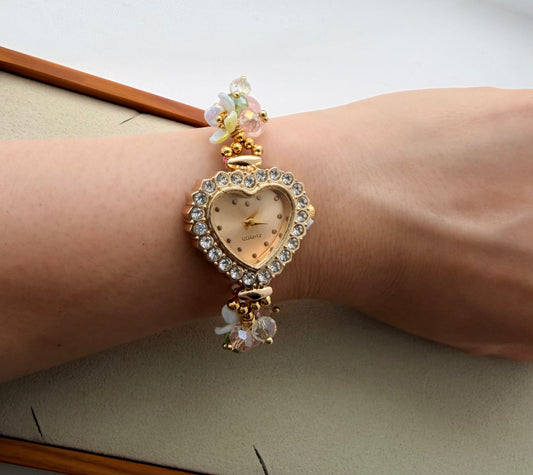 Beaded Natural Crystal Strap Watches-Rose Quartz and Floral Accessories