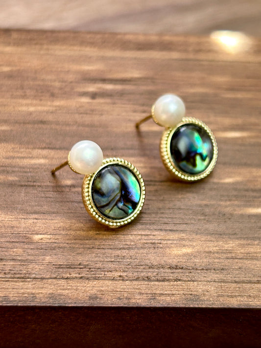 Natural Pearl Abalone Shell Earrings Silver Posts