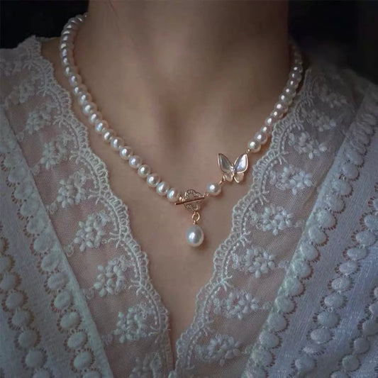 Elegant Pearl Necklace with Mother-of-Pearl Butterfly | Handmade Gift for Her