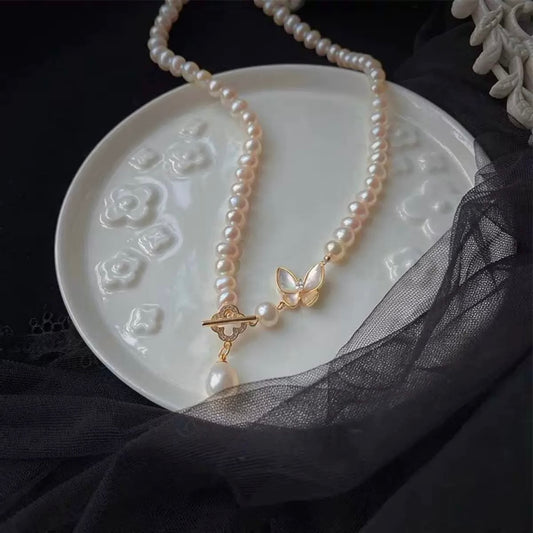 Elegant Pearl Necklace with Mother-of-Pearl Butterfly | Handmade Gift for Her