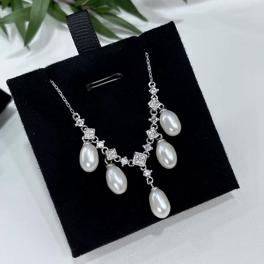 Natural Pearl Necklace with Zircon Accents | 925 Sterling Silver | Handmade Gift