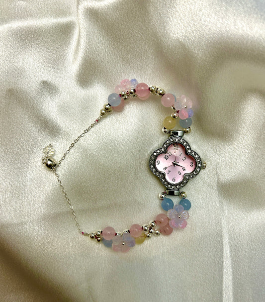 Beaded Natural Crystal Strap Watches-Morganite & Amethyst