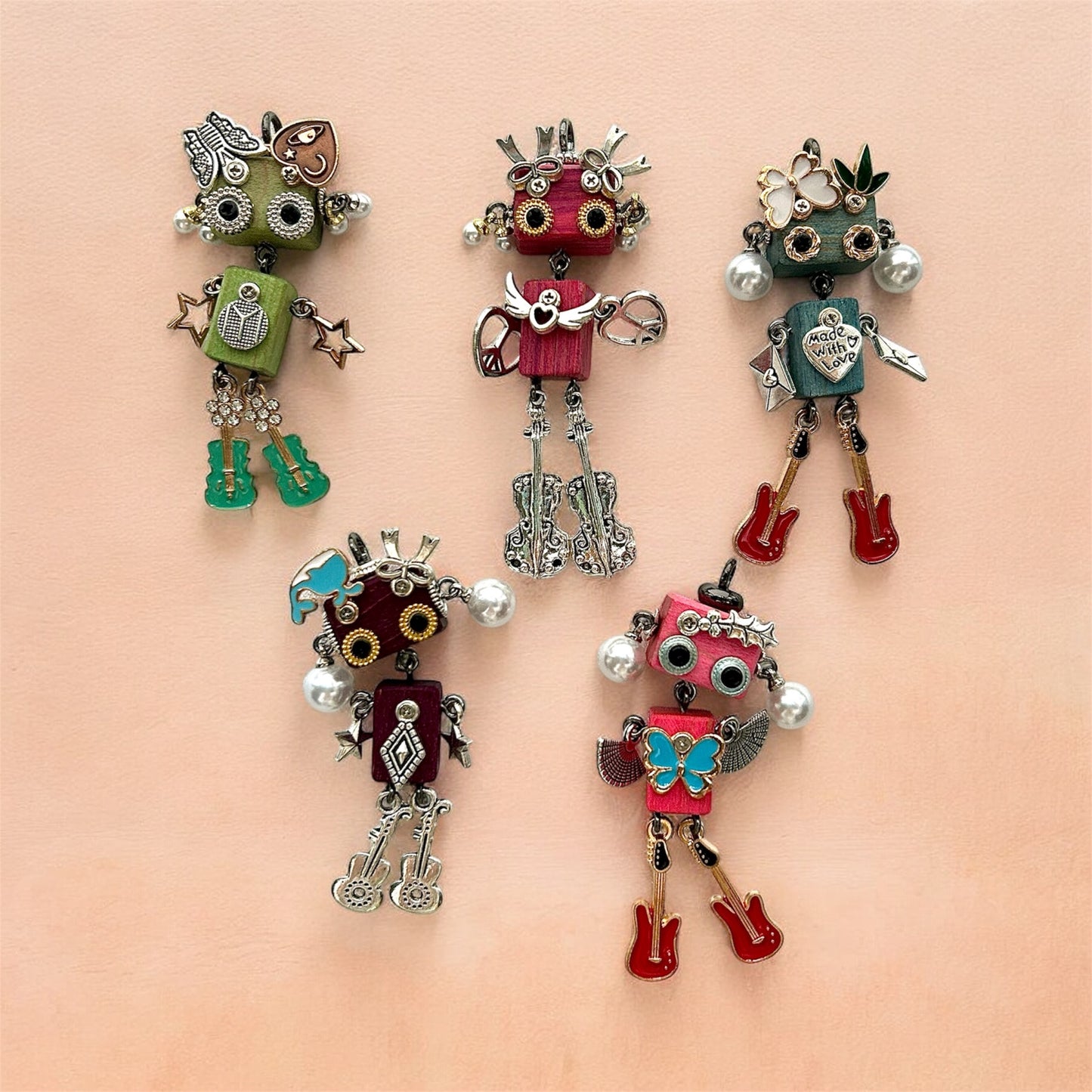 Handmade Mini Robot Pendant/Charms – Blooming Petal Tribe Design | Necklace, Keychain, Earrings, Creative Gift